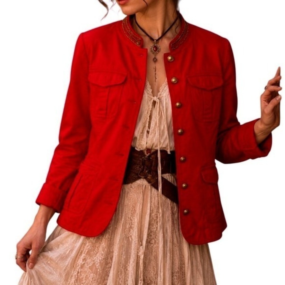 Vintage 90s Eclectic Embellished Gold Beaded Collar Red Field Jacket